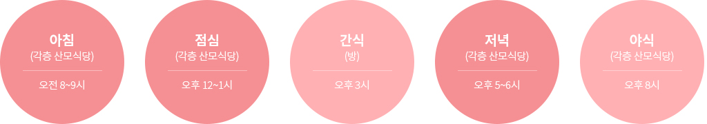 산후조리원 식사시간 아침 : 오전 8~9시 / 점심 오후 12~1시 간식 : 오후3시 저녁 : 오후 5~6시 야식 : 오후 8시